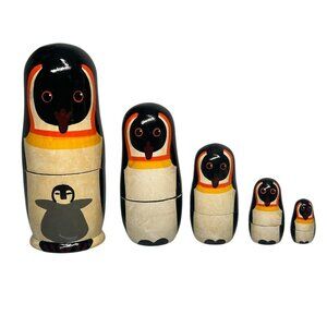 Hand painted Wood Nesting Matryoshka Dolls PENGUINS Stacking Set of 5